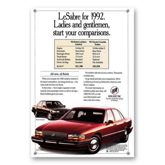 1992 Buick LeSabre Start Your Comparisons Vintage Magazine Print Ad