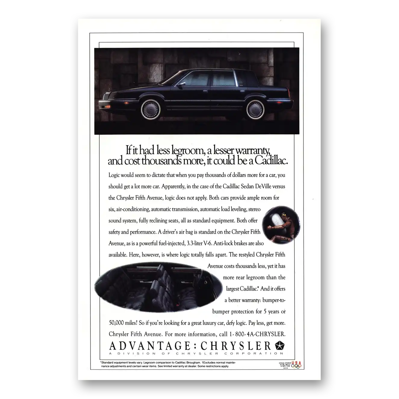 1992 Chrysler Fifth Avenue Legroom Warranty Vintage Magazine Print Ad