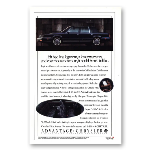 1992 Chrysler Fifth Avenue Legroom Warranty Vintage Magazine Print Ad