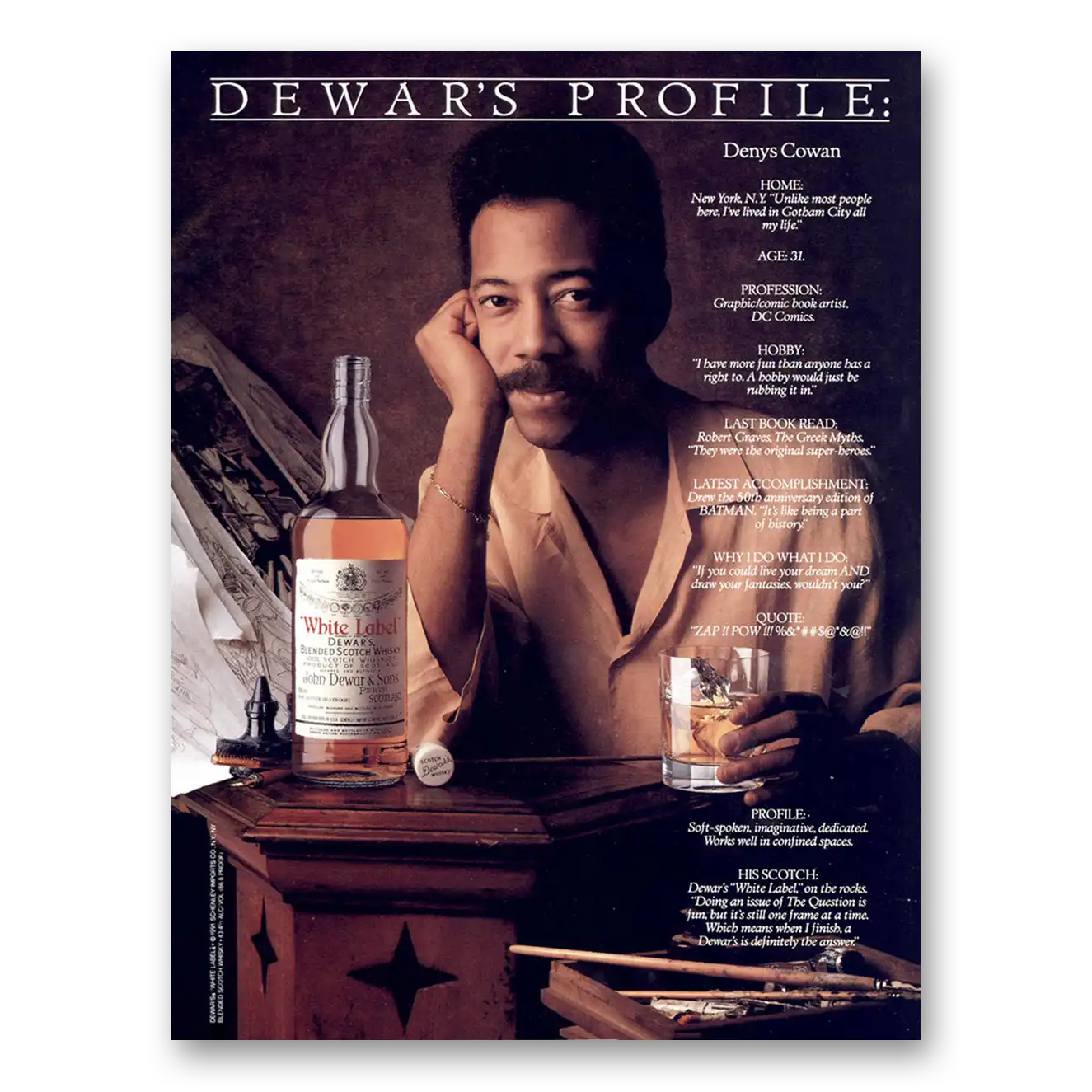 1992 Dewars White Label Denys Cowan DC Comics Vintage Magazine Print Ad