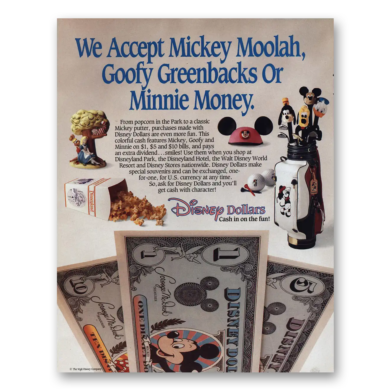 1992 Disney Dollars Mickey Moolah Vintage Magazine Print Ad