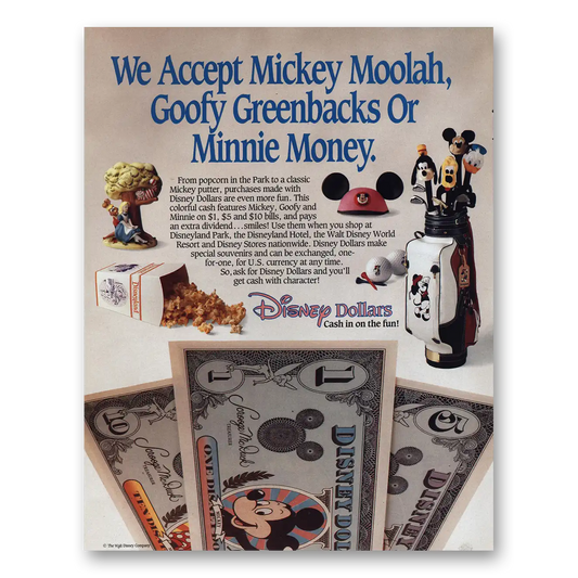 1992 Disney Dollars Mickey Moolah Vintage Magazine Print Ad