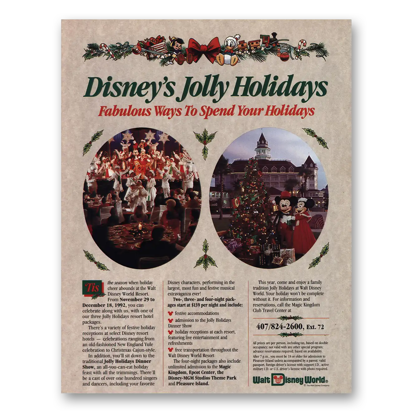 1992 Walt Disney World Jolly Holidays Vintage Magazine Print Ad