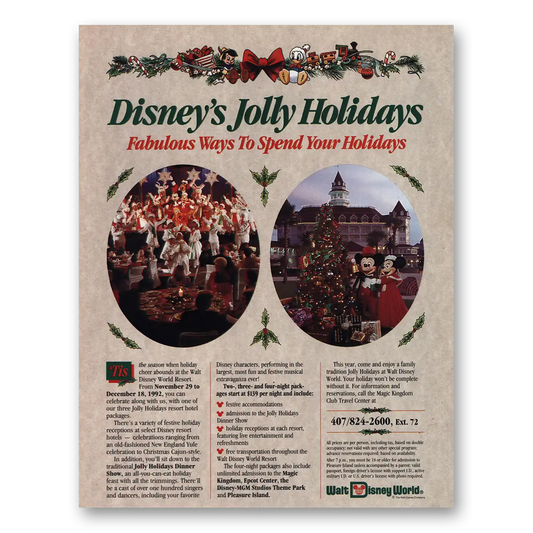 1992 Walt Disney World Jolly Holidays Vintage Magazine Print Ad