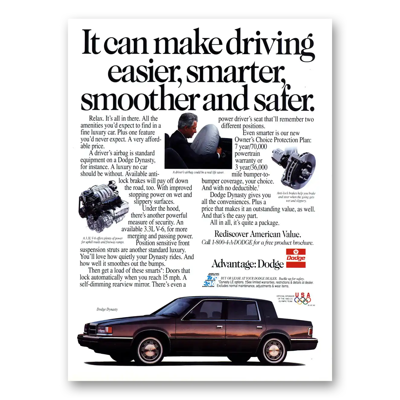 1992 Dodge Dynasty Make Driving Easier Smarter Smoother Safer Vintage Magazine Print Ad