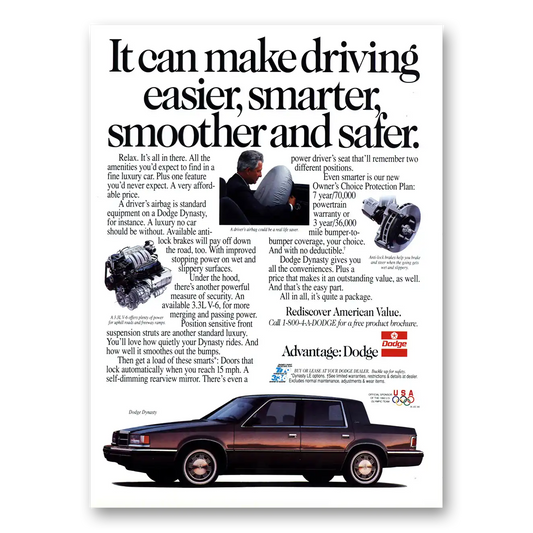 1992 Dodge Dynasty Make Driving Easier Smarter Smoother Safer Vintage Magazine Print Ad