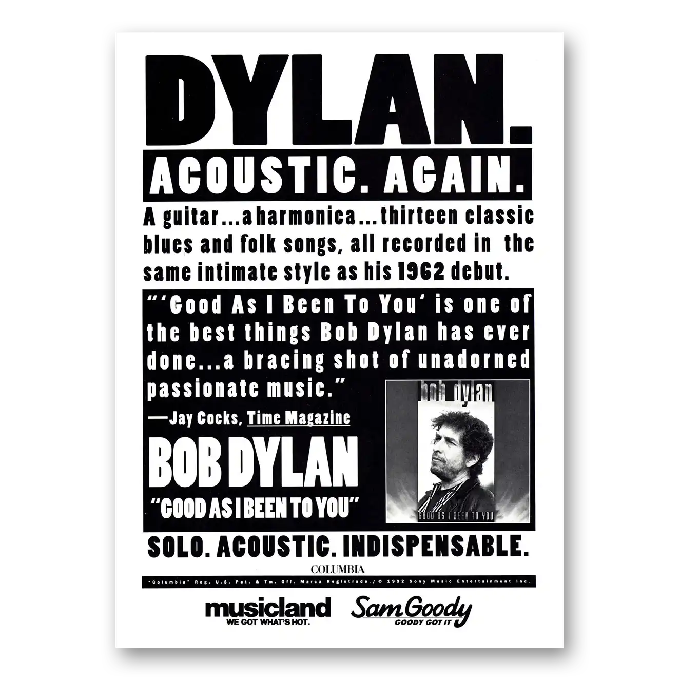 1992 Bob Dylan Promo Bob Dylan Acoustic Again Vintage Magazine Print Ad