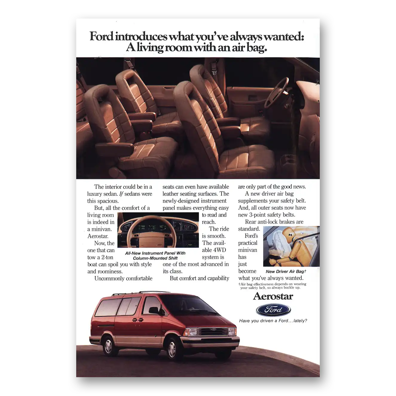 1992 Ford Aerostar Living Room With an Air Bag Vintage Magazine Print Ad