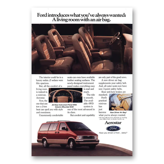 1992 Ford Aerostar Living Room With an Air Bag Vintage Magazine Print Ad