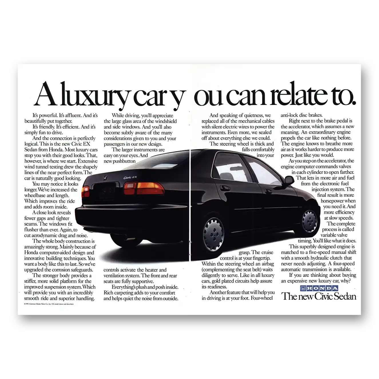 1992 Honda Civic Luxury Car You Can Relate To Vintage Magazine Print Ad