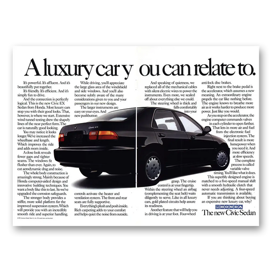 1992 Honda Civic Luxury Car You Can Relate To Vintage Magazine Print Ad