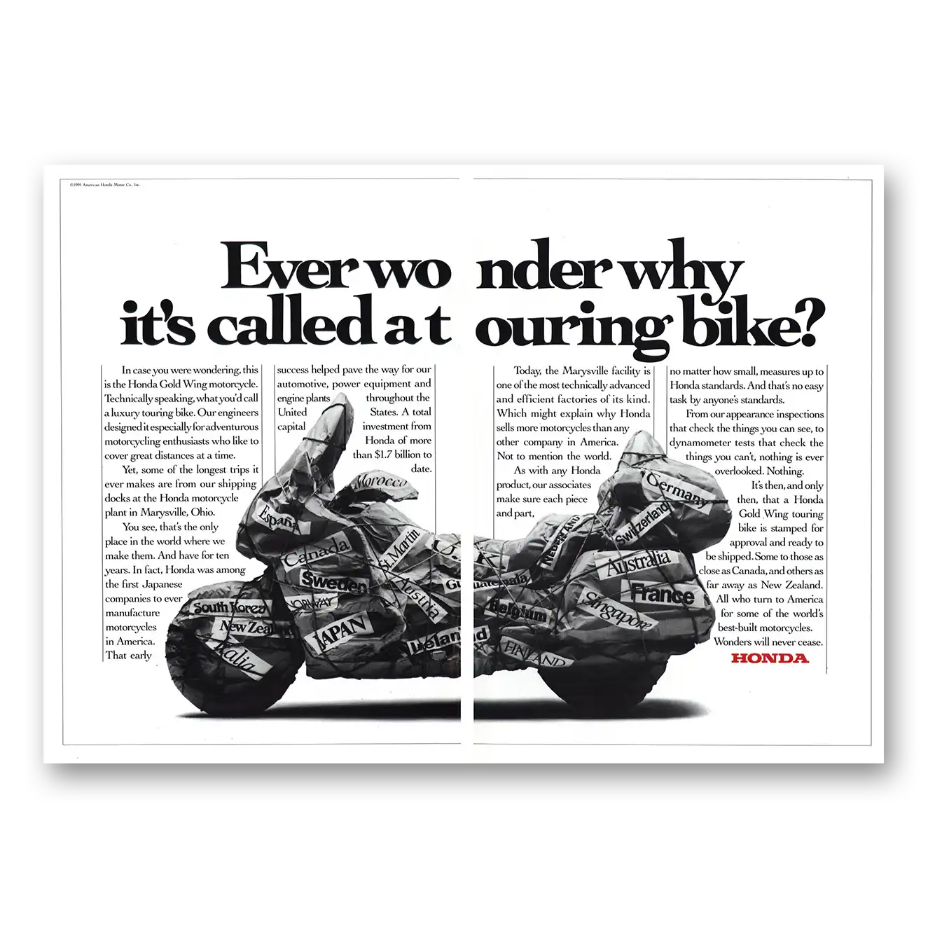 1991 Honda Motorcycle Gold Wing Motorcycle Why Its Called a Touring Bike Vintage Magazine Print Ad