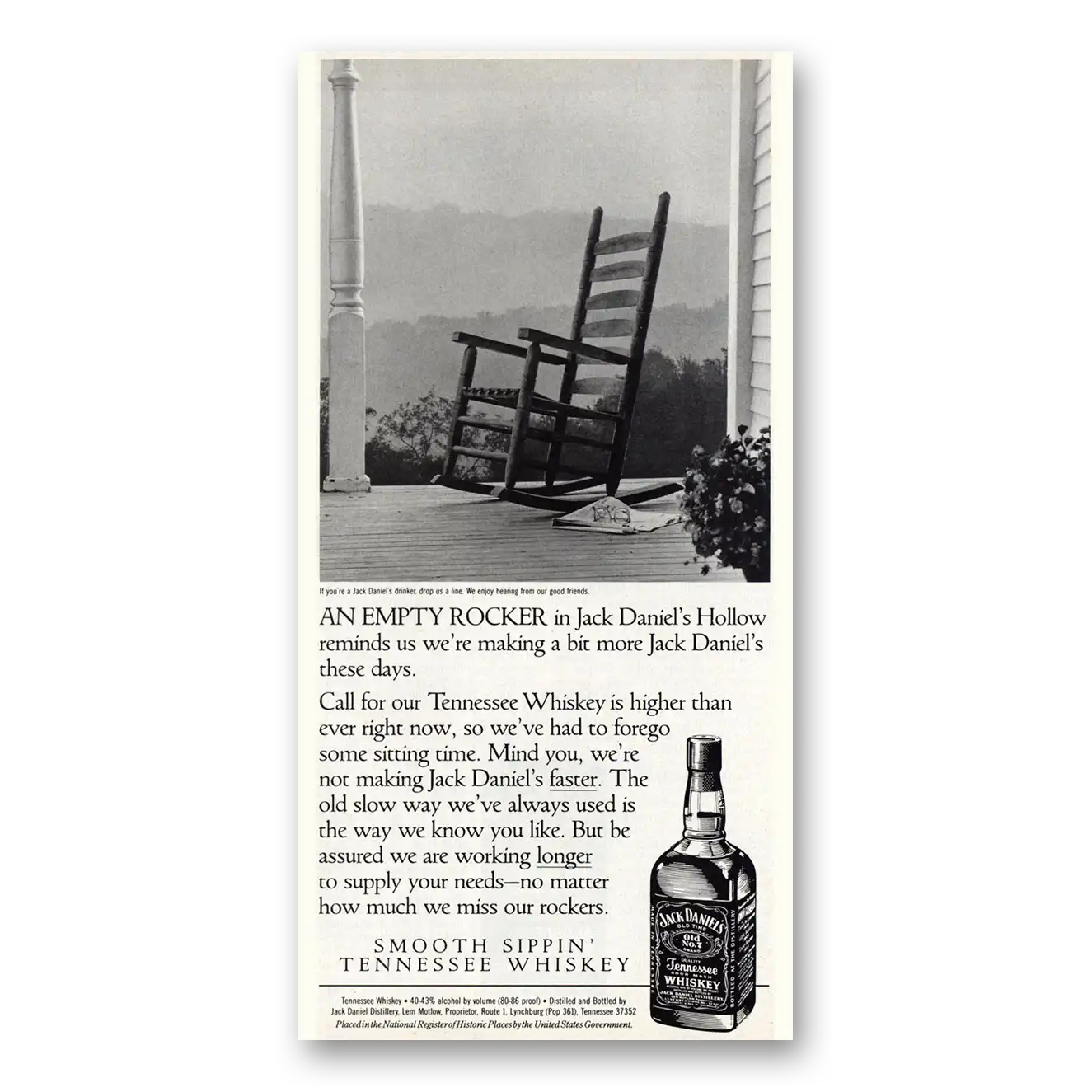 1992 Jack Daniels An Empty Rocker Vintage Magazine Print Ad