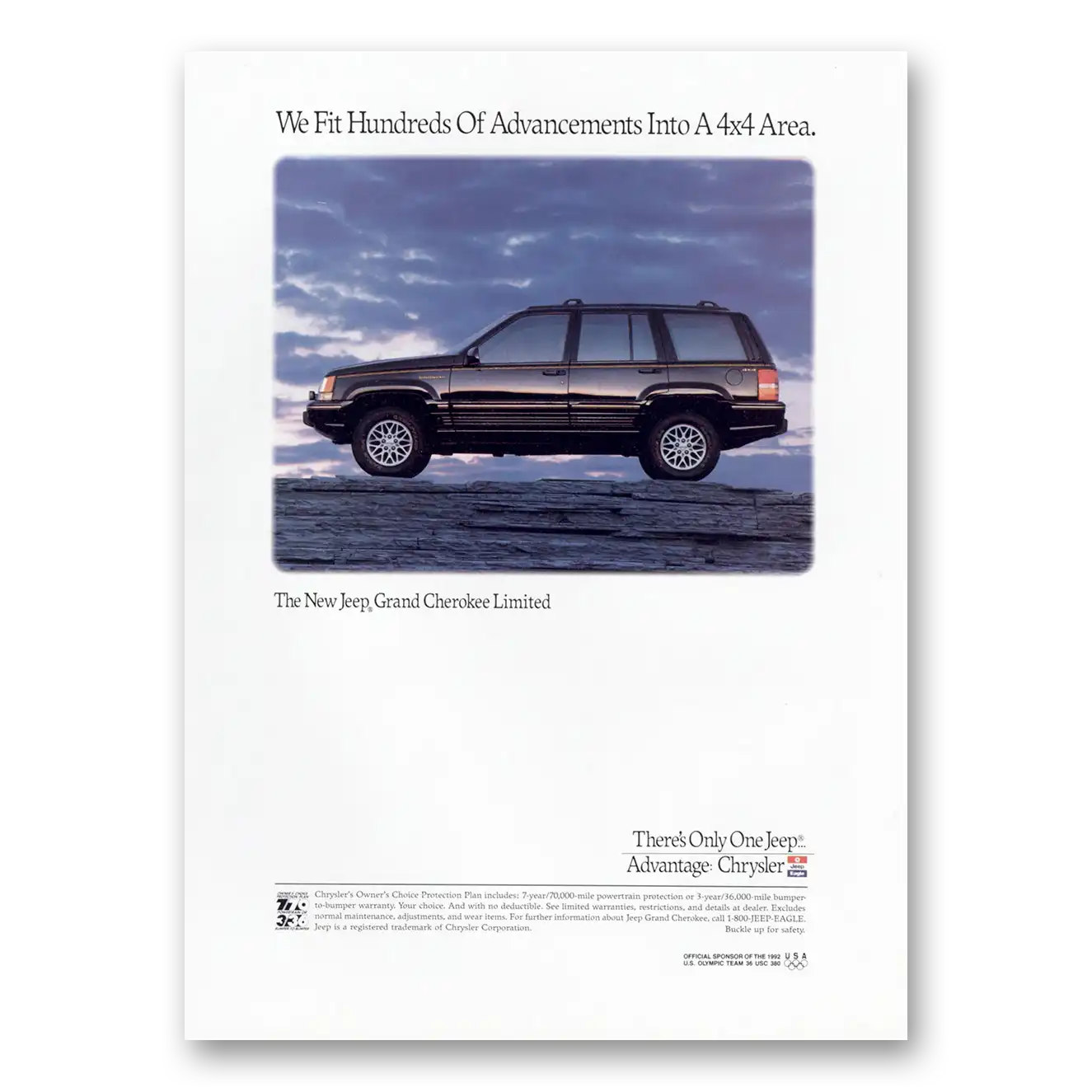 1992 Jeep Grand Cherokee Hundreds of Advancements Vintage Magazine Print Ad