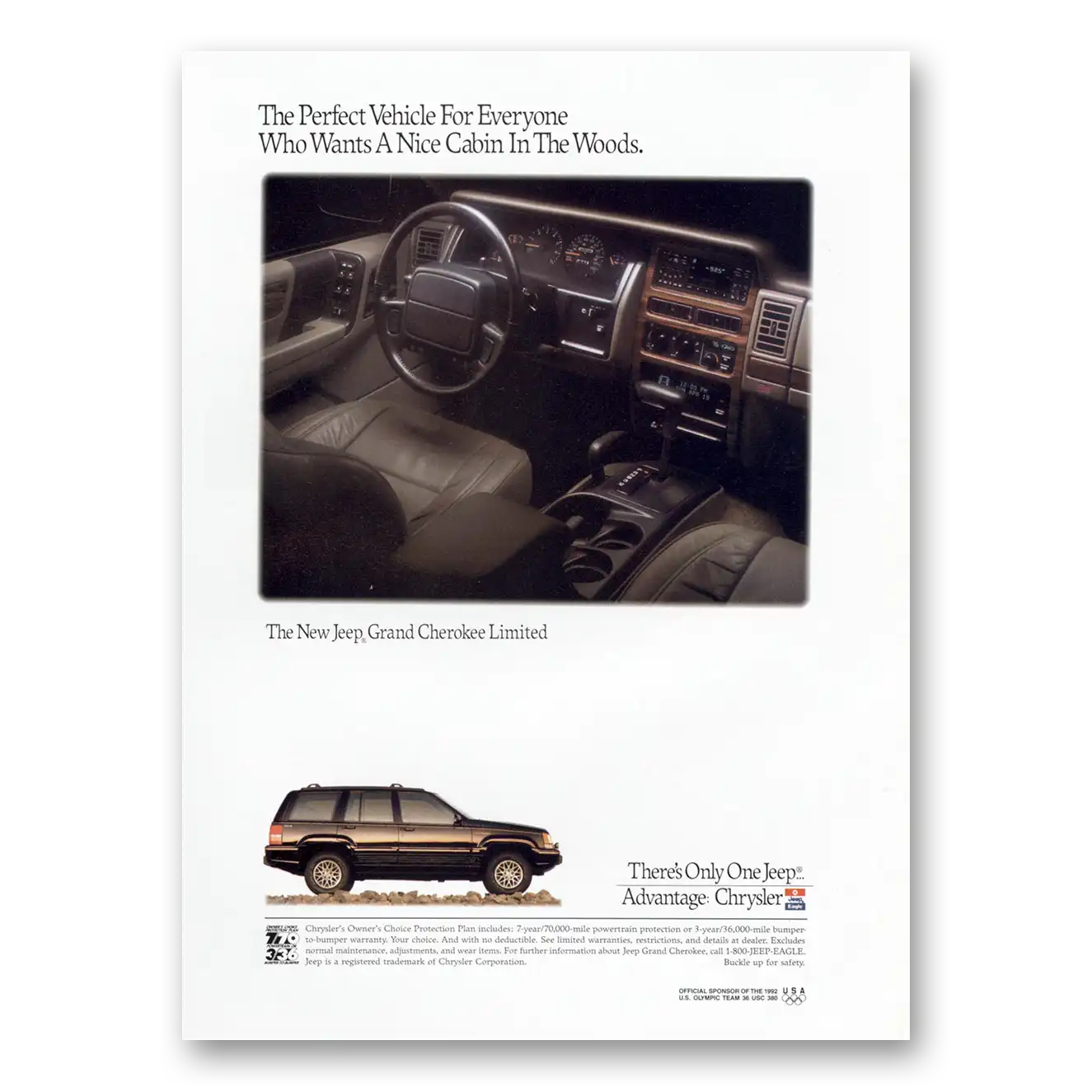 1992 Jeep Grand Cherokee Nice Cabin in the Woods Vintage Magazine Print Ad