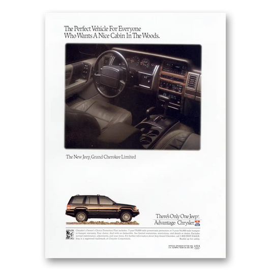 1992 Jeep Grand Cherokee Nice Cabin in the Woods Vintage Magazine Print Ad