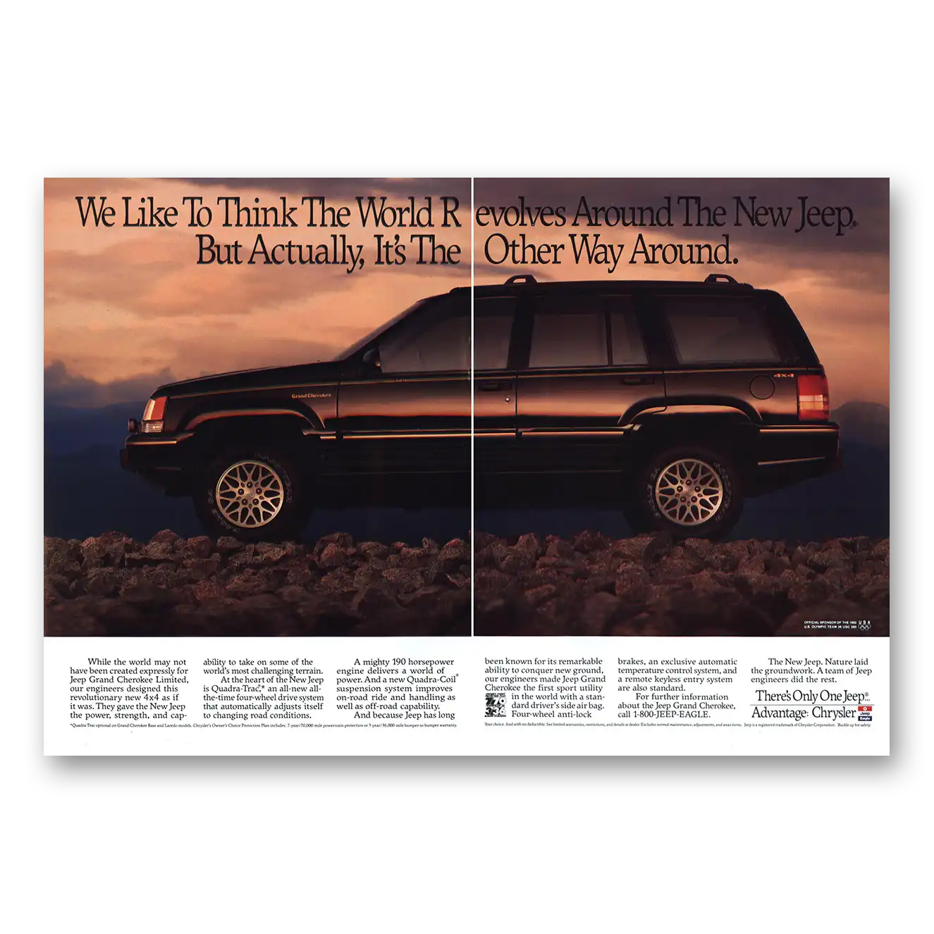 1993 Jeep Grand Cherokee We Like to Think World Revolves Vintage Magazine Print Ad