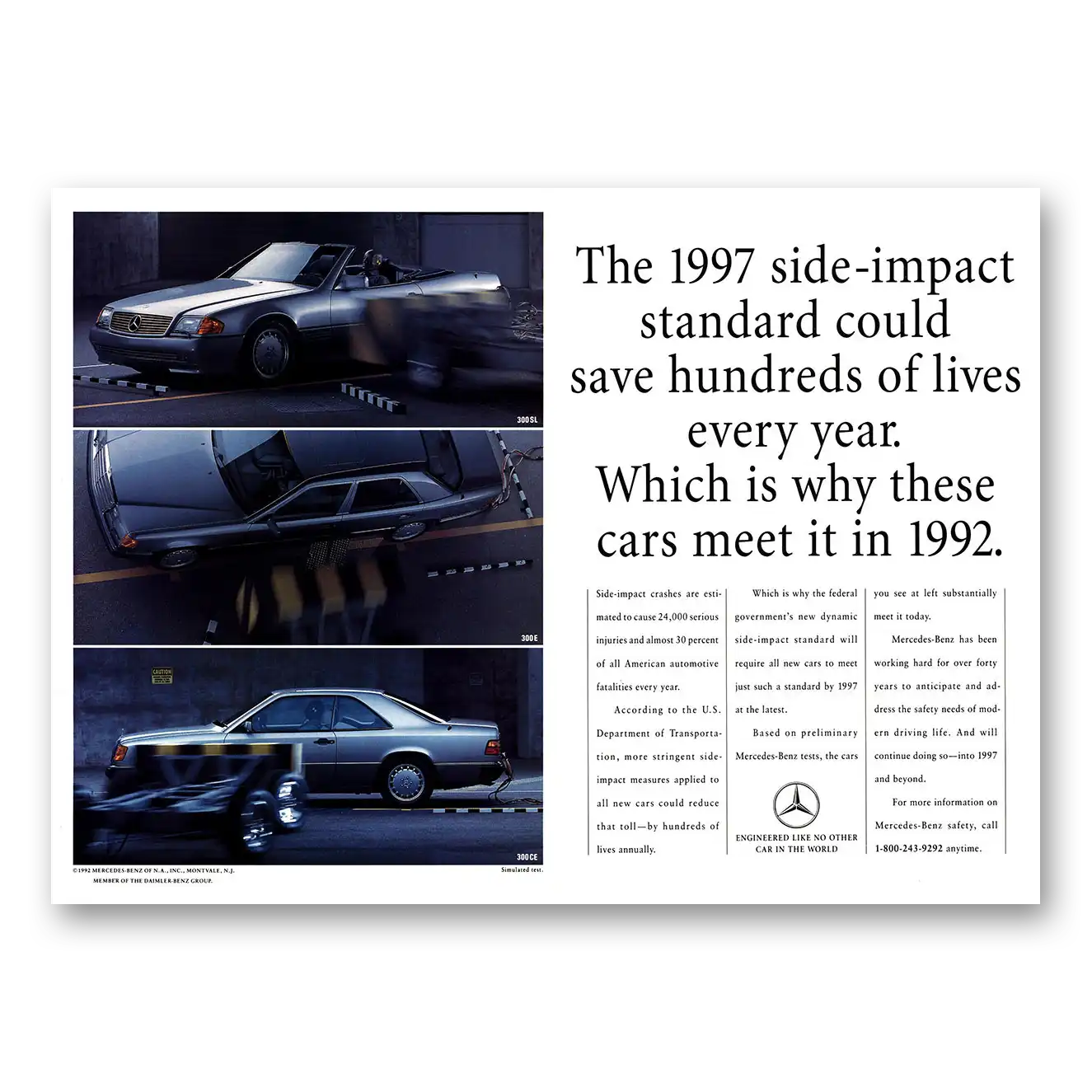 1992 Mercedes Benz 300 Side Impact Standard Vintage Magazine Print Ad