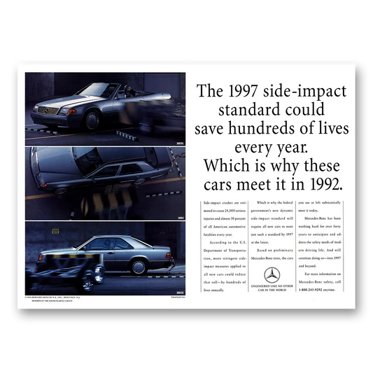 1992 Mercedes Benz 300 Side Impact Standard Vintage Magazine Print Ad