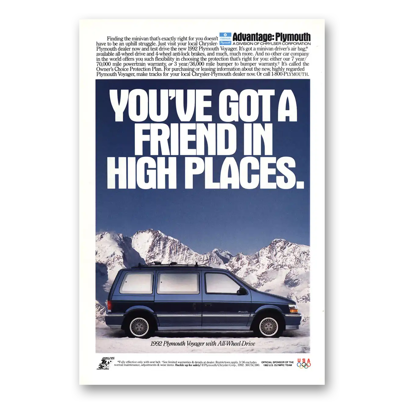 1992 Plymouth Voyager Got a Friend in High Places Vintage Magazine Print Ad