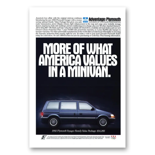 1992 Plymouth Voyager More of What America Values Vintage Magazine Print Ad