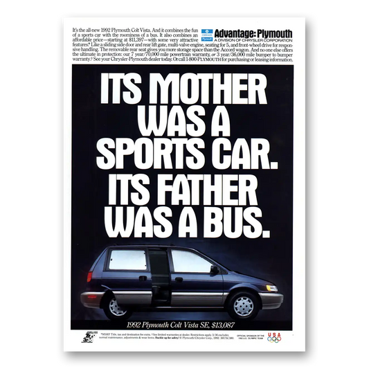 1992 Plymouth Colt Vista Mother Was a Sports Car Vintage Magazine Print Ad