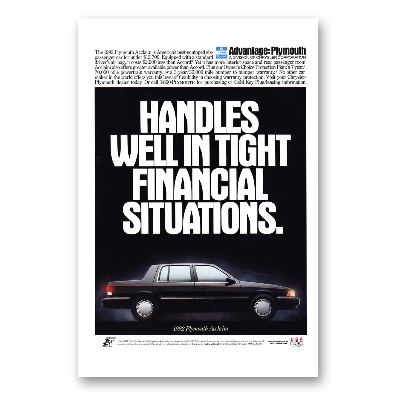 1992 Plymouth Acclaim Handles Well Tight Financial Situations Vintage Magazine Print Ad