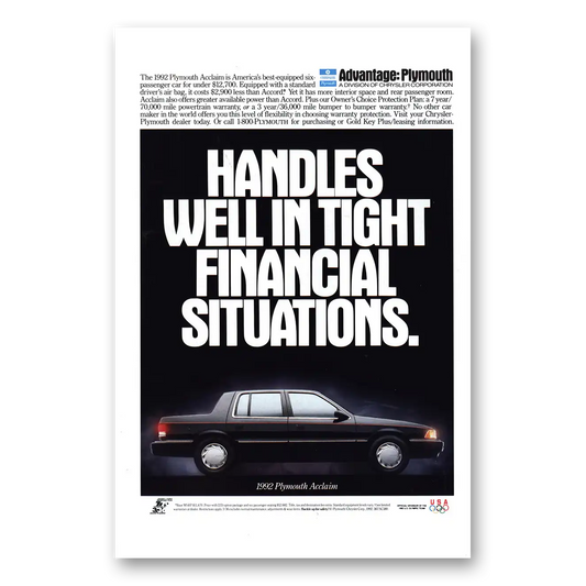 1992 Plymouth Acclaim Handles Well Tight Financial Situations Vintage Magazine Print Ad