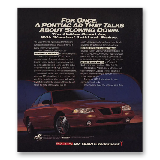 1992 Pontiac Grand Am Talks About Slowing Down Vintage Magazine Print Ad