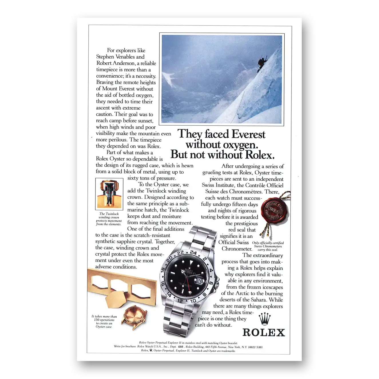 1992 Rolex Faced Everest Without Oxygen Vintage Magazine Print Ad