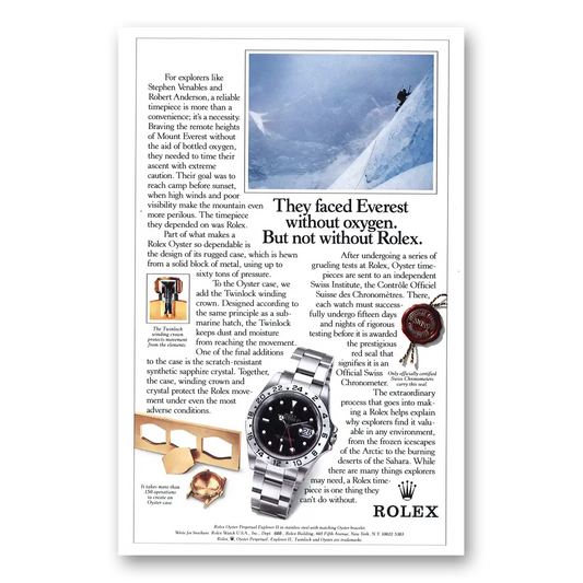 1992 Rolex Faced Everest Without Oxygen Vintage Magazine Print Ad