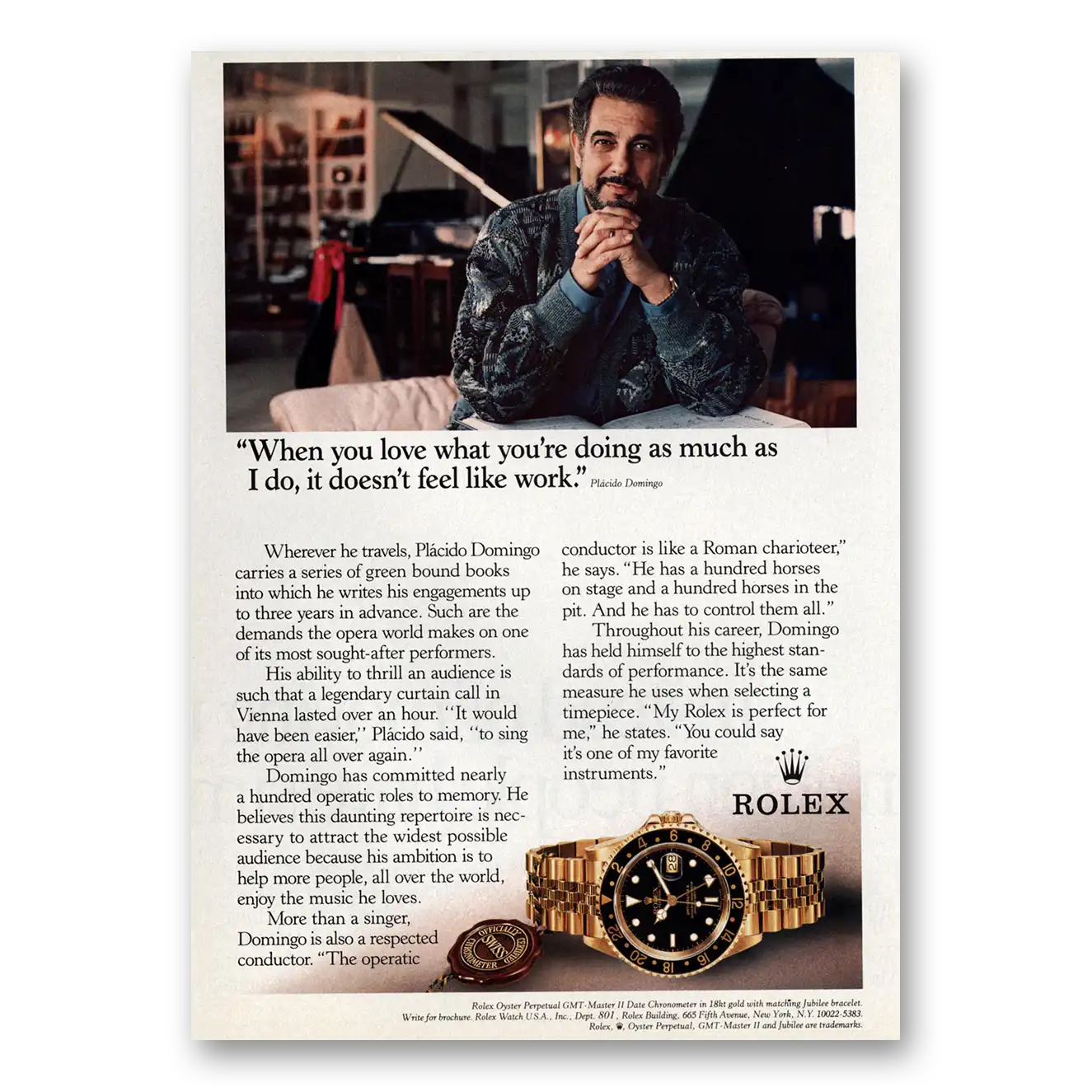 1992 Rolex Placido Domingo Vintage Magazine Print Ad