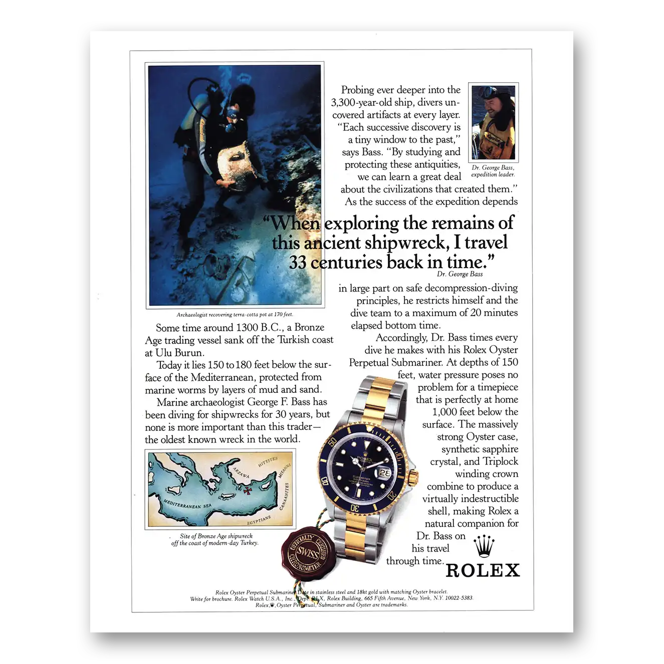 1992 Rolex Exploring Remains Ancient Shipwreck Vintage Magazine Print Ad