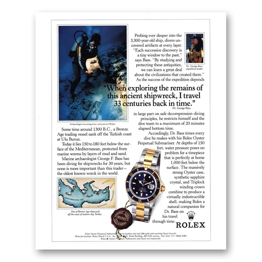 1992 Rolex Exploring Remains Ancient Shipwreck Vintage Magazine Print Ad