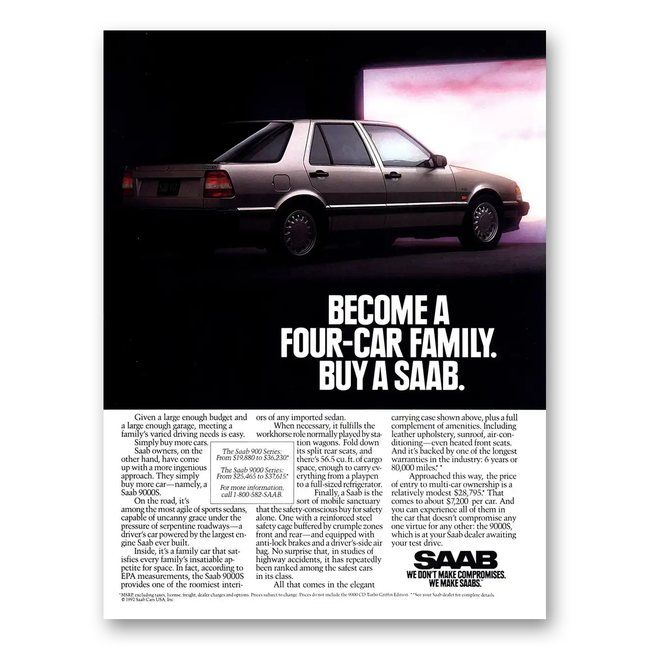 1992 Saab Become a Four Car Family Vintage Magazine Print Ad