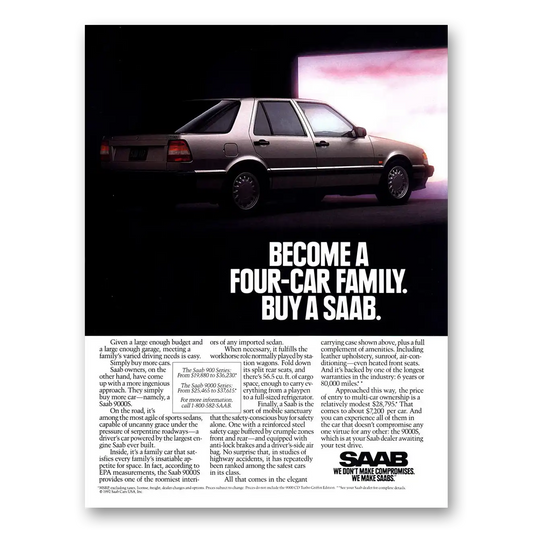 1992 Saab Become a Four Car Family Vintage Magazine Print Ad