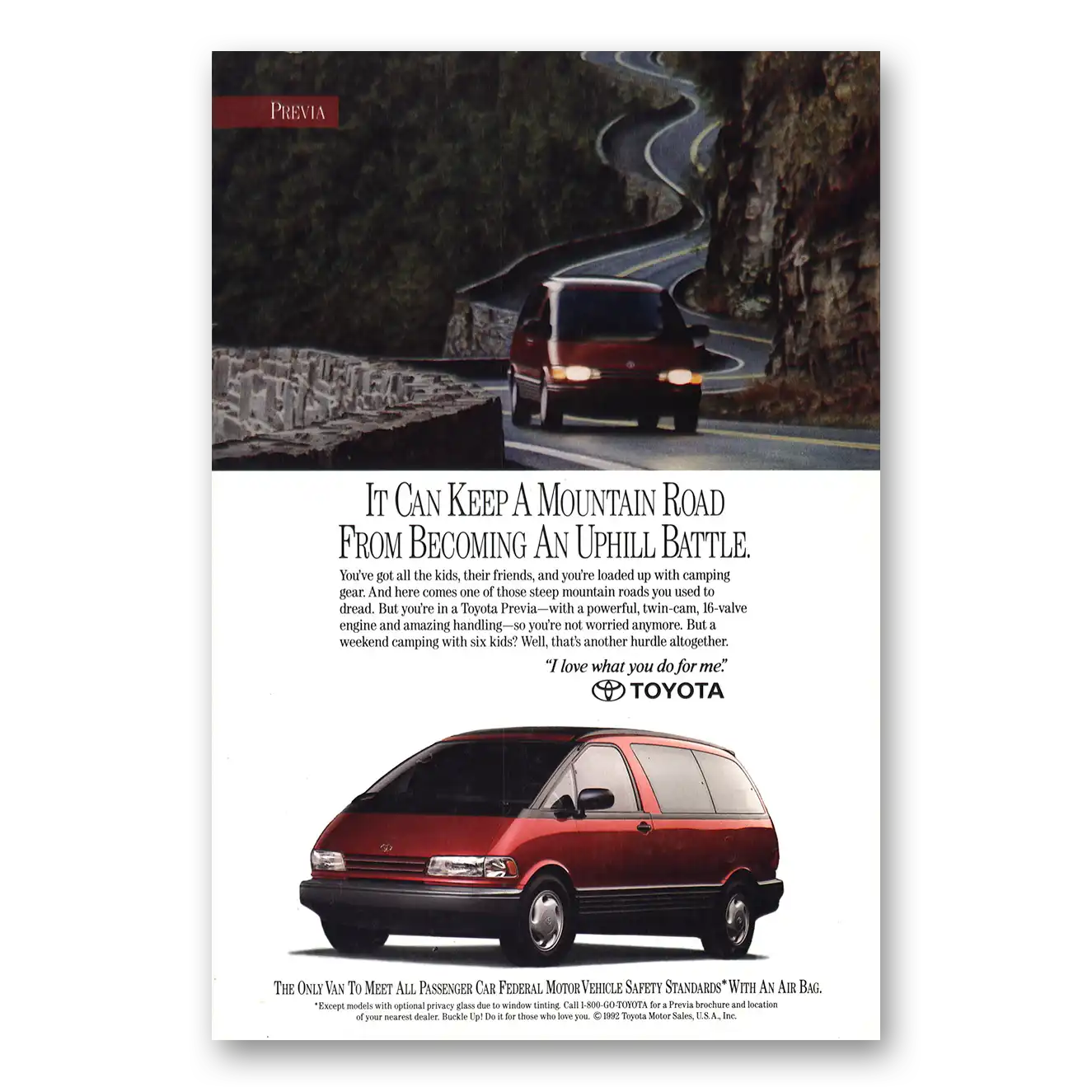 1992 Toyota Previa Mountain Road Vintage Magazine Print Ad