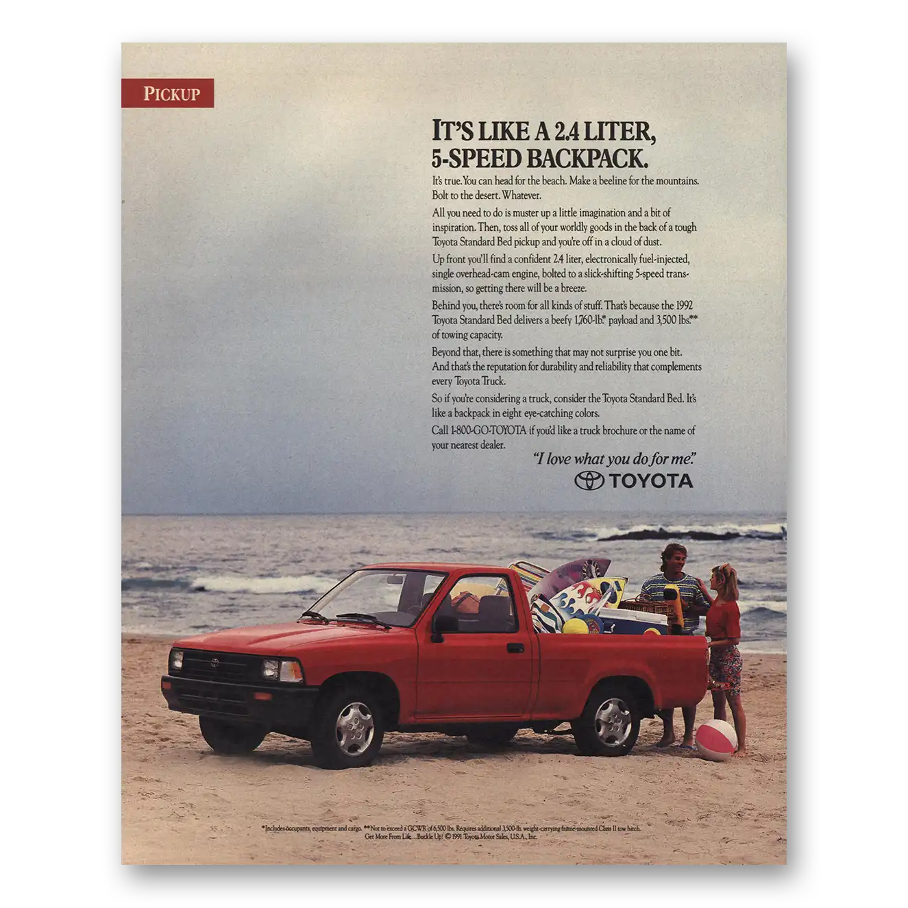 1991 Toyota Trucks Like 24 Liter 5 Speed Backpack Vintage Magazine Print Ad