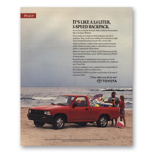 1991 Toyota Trucks Like 24 Liter 5 Speed Backpack Vintage Magazine Print Ad