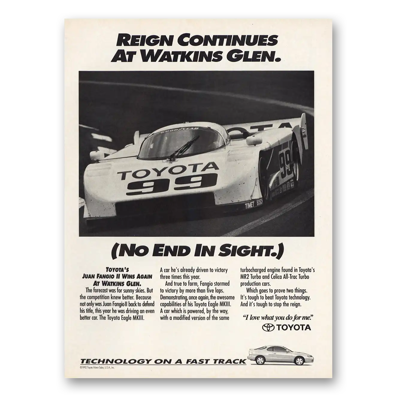 1992 Toyota Reign Continues at Watkins Glen Vintage Magazine Print Ad