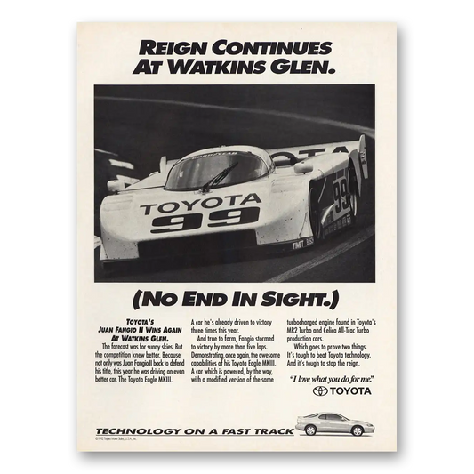 1992 Toyota Reign Continues at Watkins Glen Vintage Magazine Print Ad