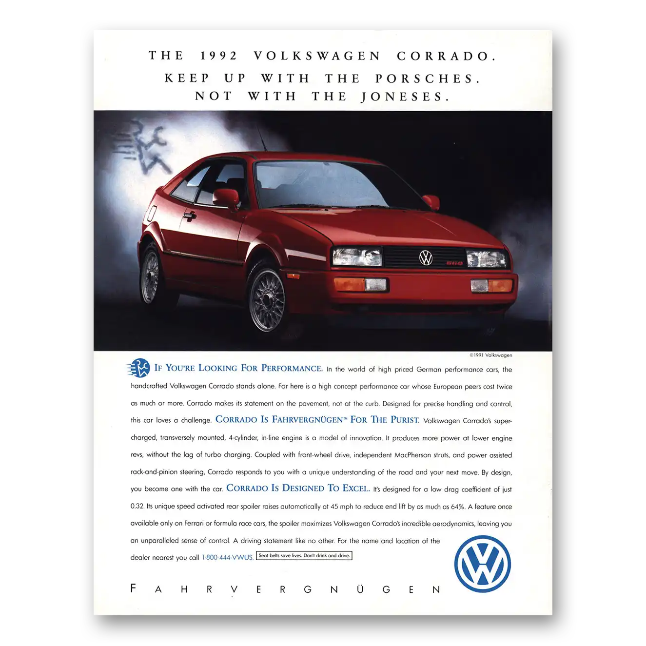 1992 Volkswagen Corrado Keep Up With the Porsches Vintage Magazine Print Ad