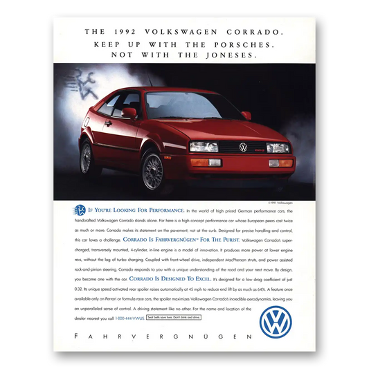 1992 Volkswagen Corrado Keep Up With the Porsches Vintage Magazine Print Ad