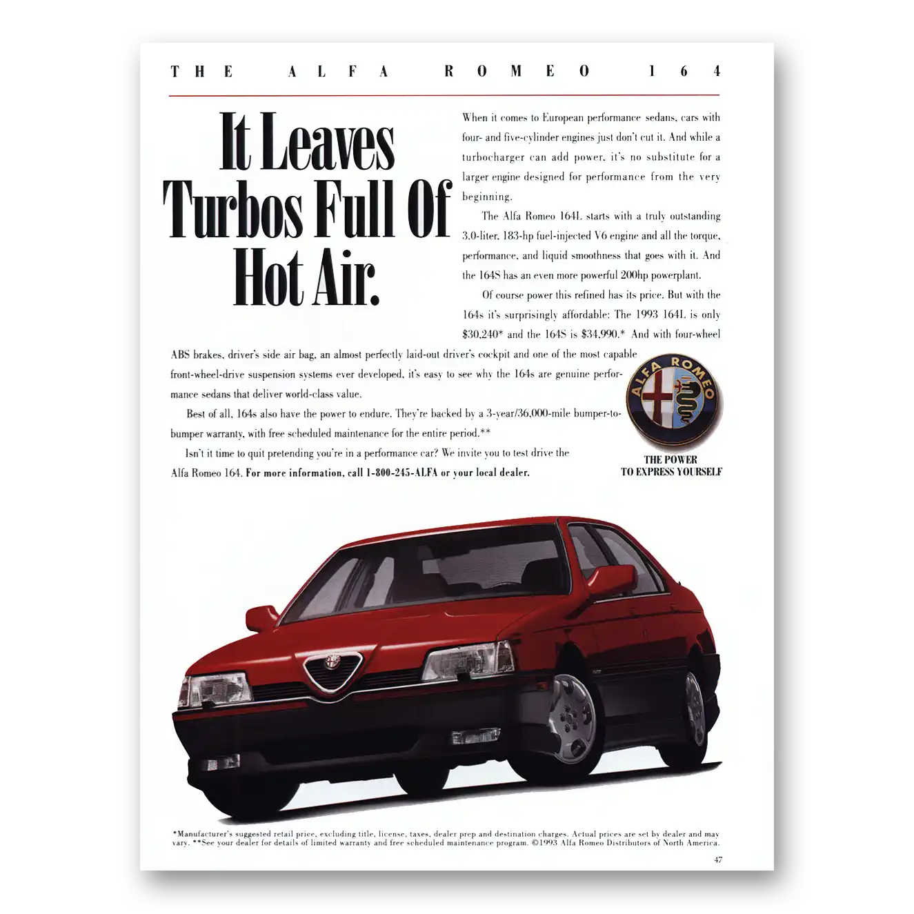 1993 Alfa Romeo 164 Leaves Turbos Full of Hot Air Vintage Magazine Print Ad