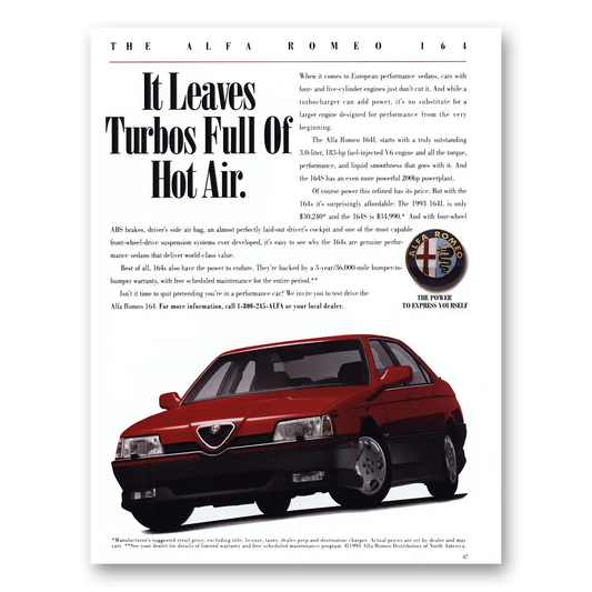 1993 Alfa Romeo 164 Leaves Turbos Full of Hot Air Vintage Magazine Print Ad