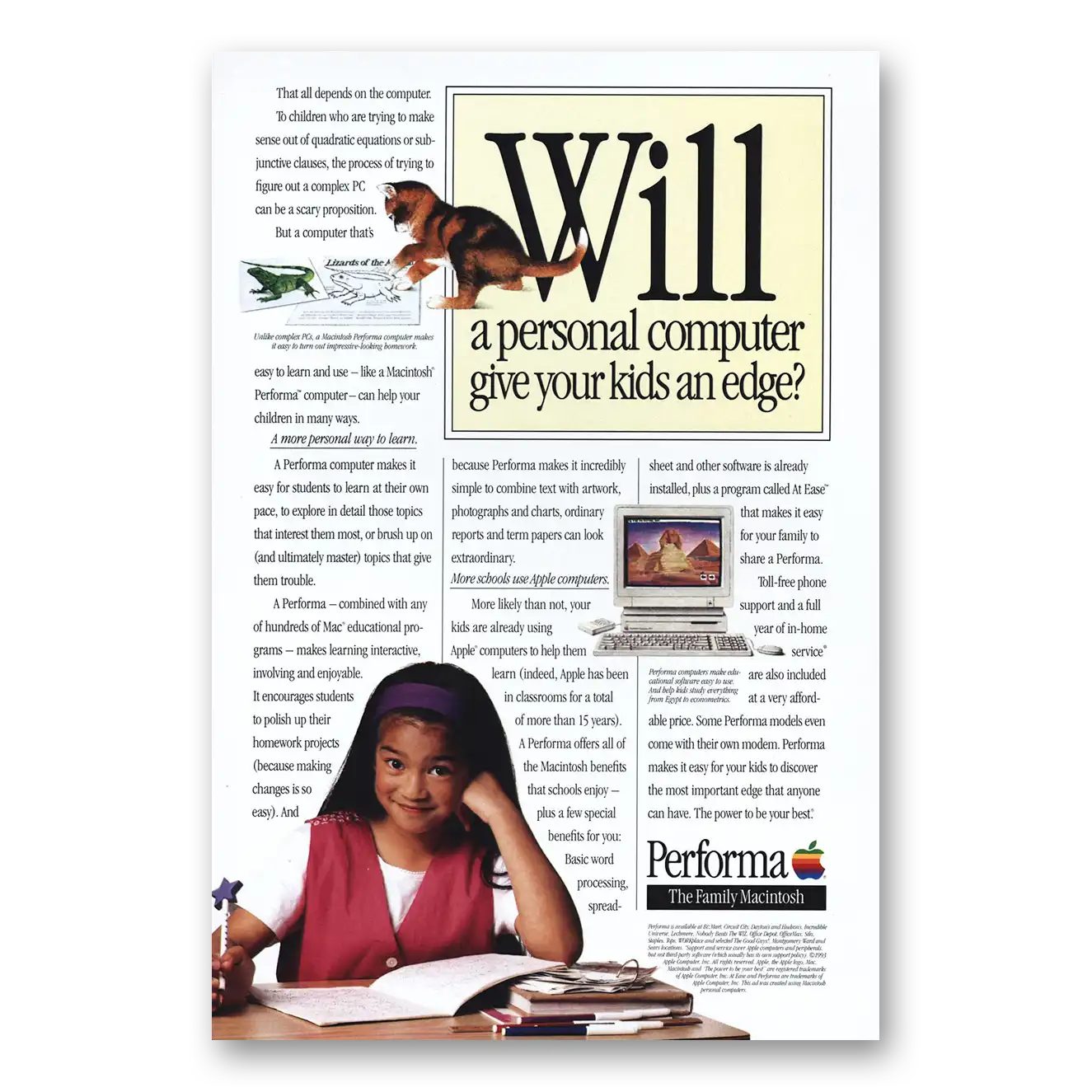 1993 Apple Macintosh Performa Computer Will a Personal Computer Give Your Kids an Edge Vintage Magazine Print Ad