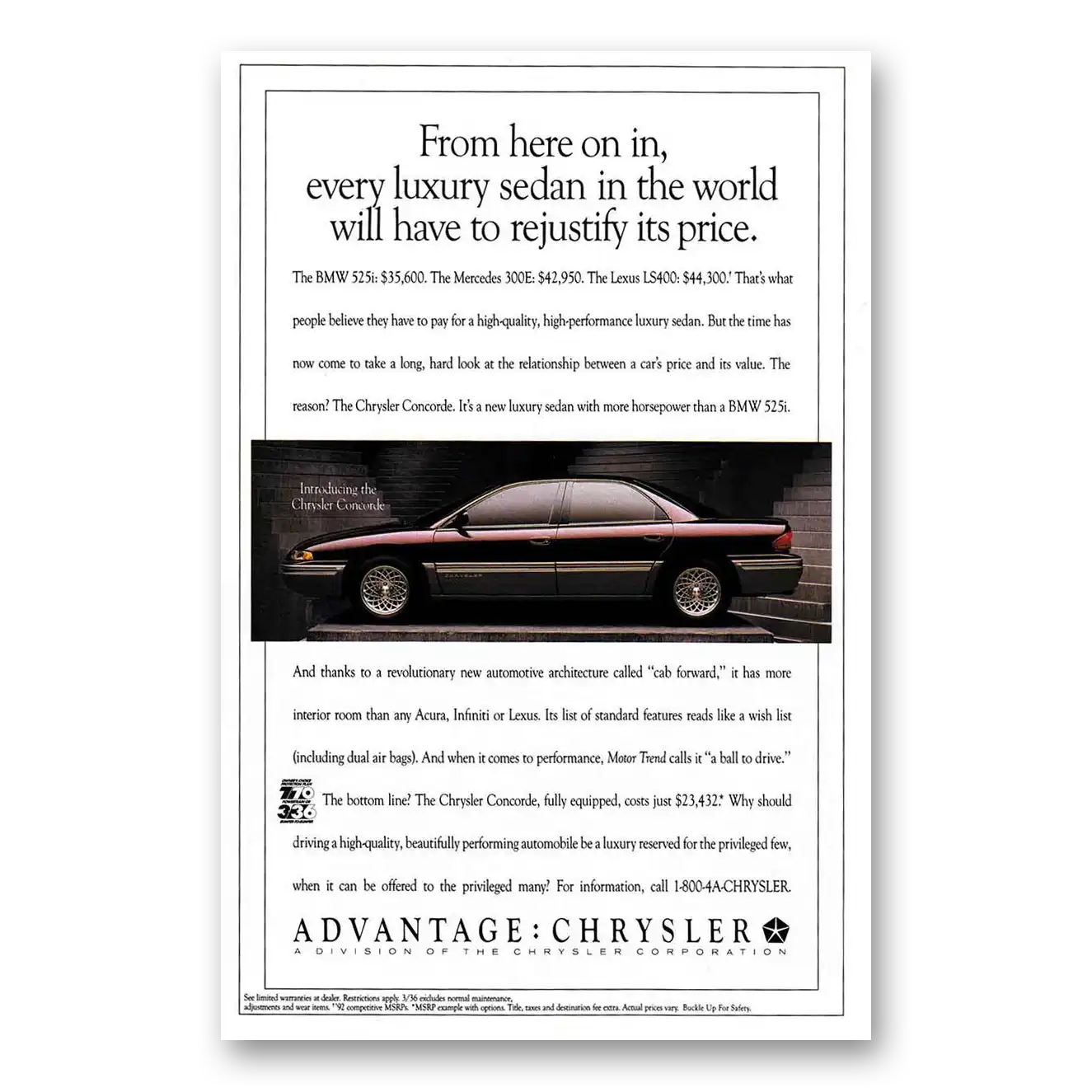 1993 Chrysler Justify Its Price Vintage Magazine Print Ad