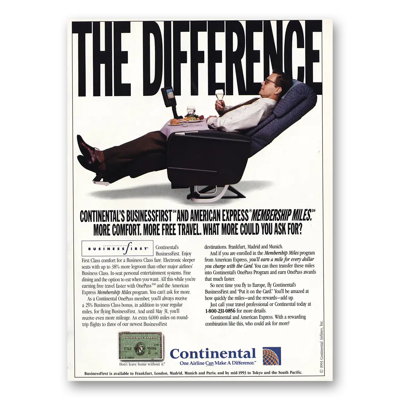 1993 Continental Airlines Difference Vintage Magazine Print Ad