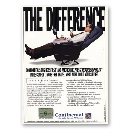 1993 Continental Airlines Difference Vintage Magazine Print Ad