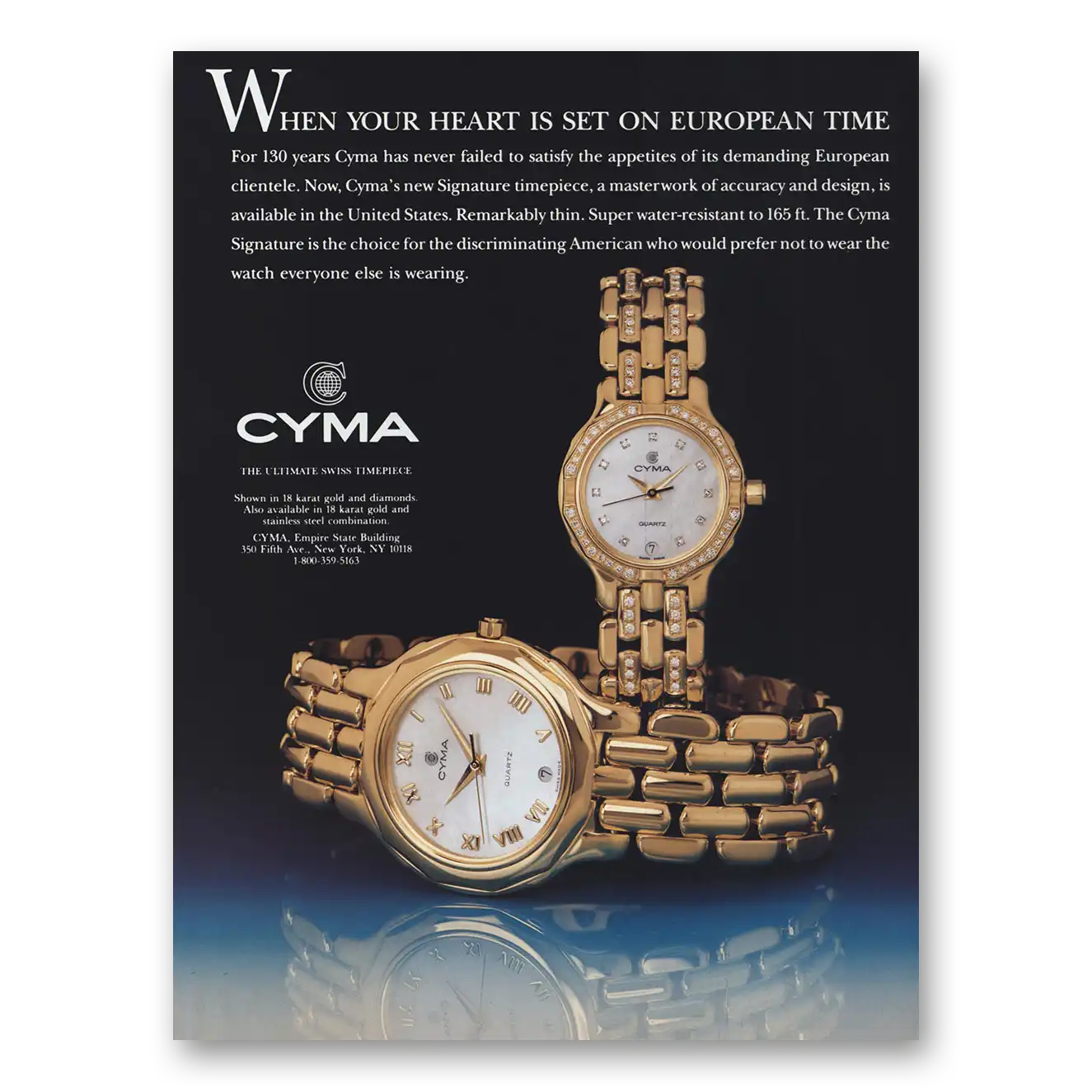 1993 Cyma Watch Your Heart Is Set On European Time Vintage Magazine Print Ad